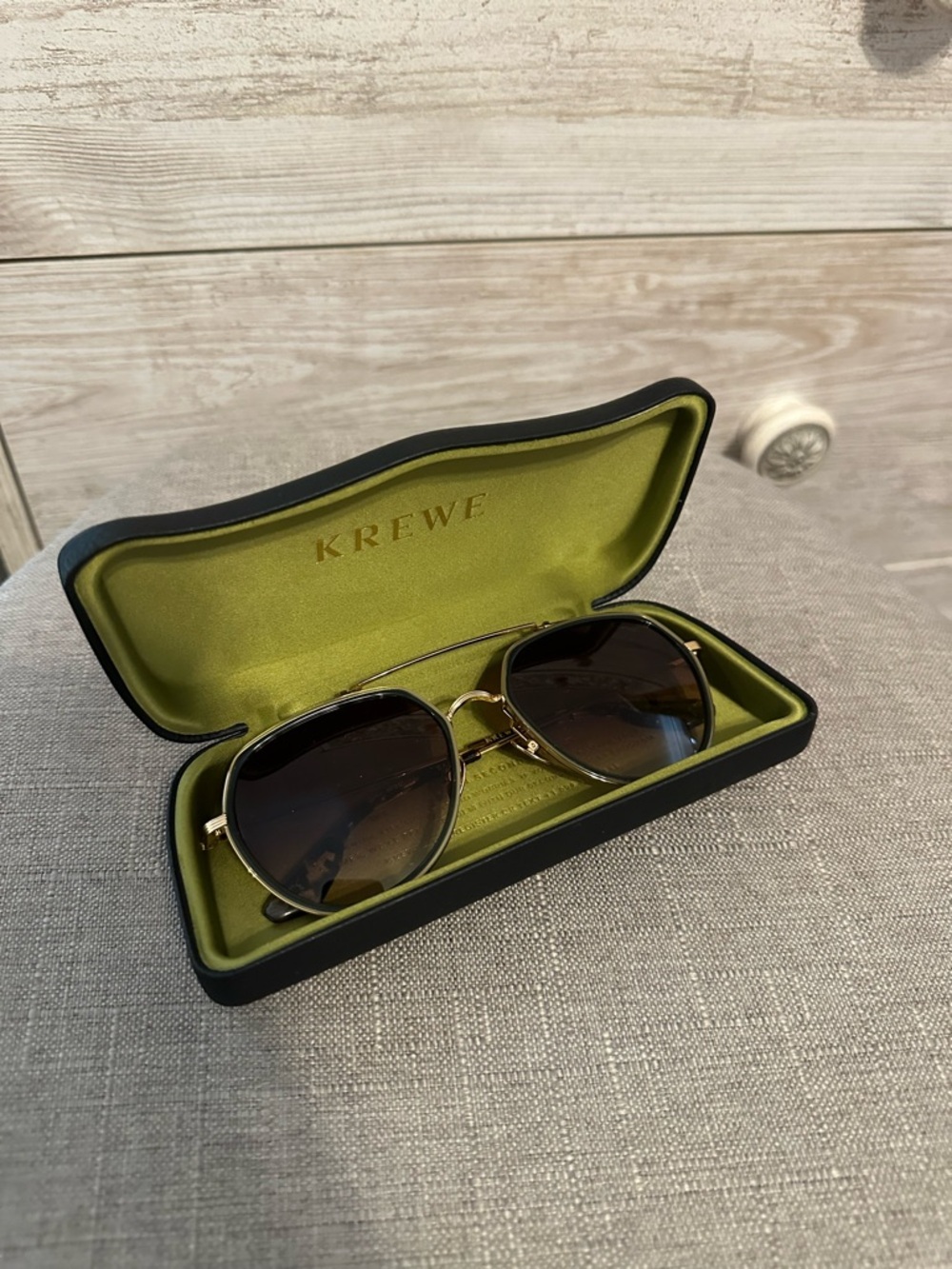 KREWE Baker Style Gold Metal Frame Sunglasses with Olive Detail
